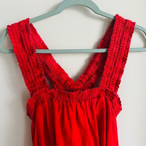 EVERLANE Smocked Linen Dress in Red Size Medium Adjustable Fit - Picture 7 of 11